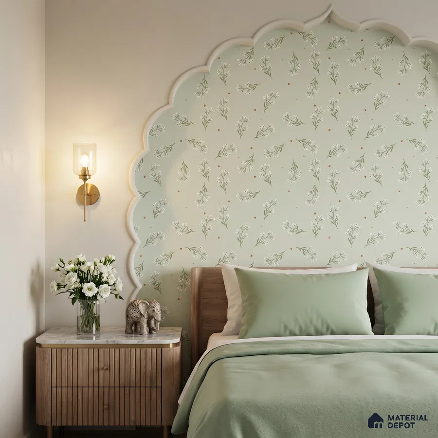 Scandinavian bedroom with pastel green floral wallpaper and natural wood bedside table