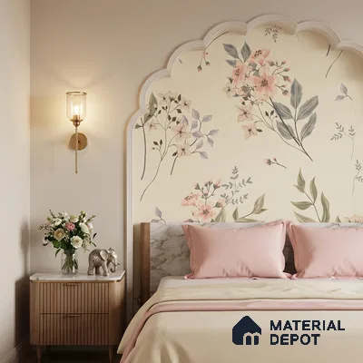 Modern bedroom with floral wallpaper, marble headboard, and pastel pink bedding
