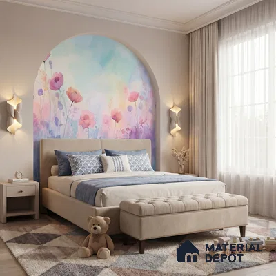 Modern bedroom with pastel floral wallpaper accent and beige upholstered bed