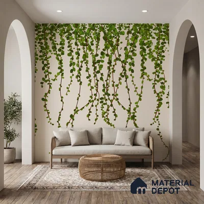 Scandinavian living room with vine patterned wallpaper and light wood flooring