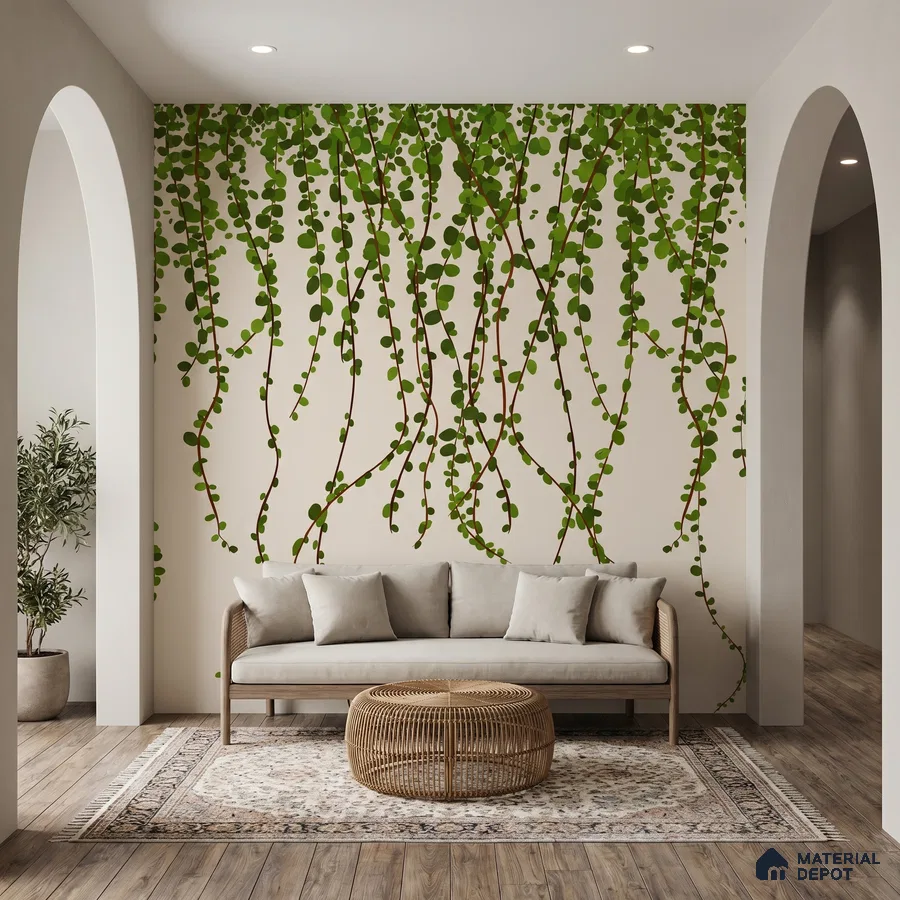 Scandinavian living room with vine patterned wallpaper and light wood flooring