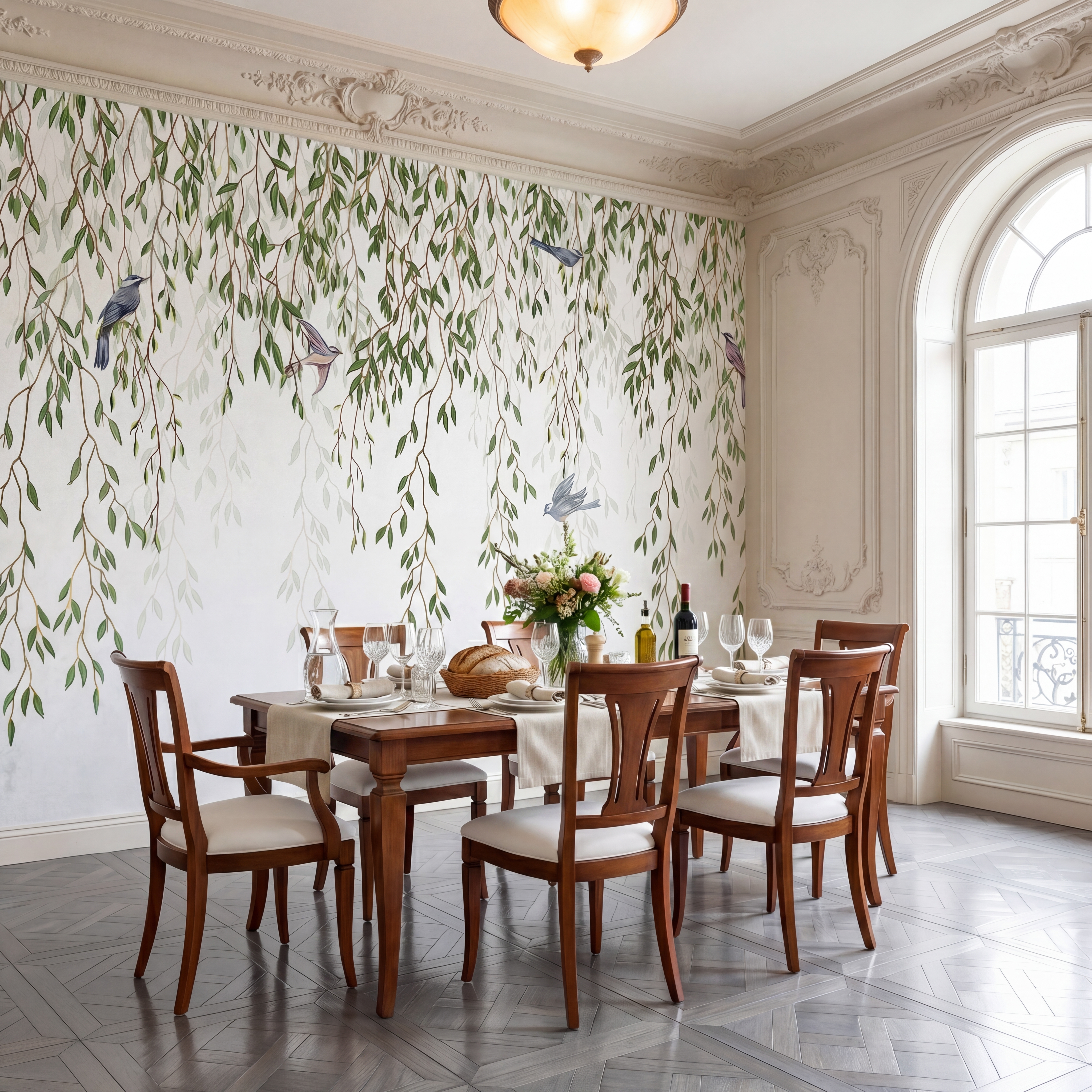 Traditional dining room with chinoiserie wallpaper and classic wood dining set on grey parquet flooring