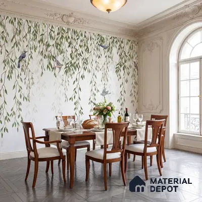 Traditional dining room with chinoiserie wallpaper and classic wood dining set on grey parquet flooring