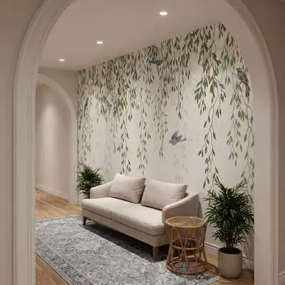 Scandinavian foyer with nature-inspired wallpaper, beige sofa, and light wood flooring