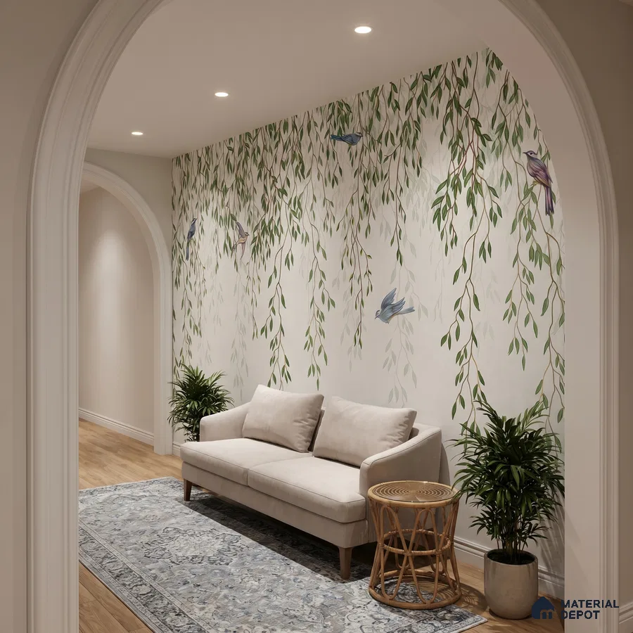 Scandinavian foyer with nature-inspired wallpaper, beige sofa, and light wood flooring