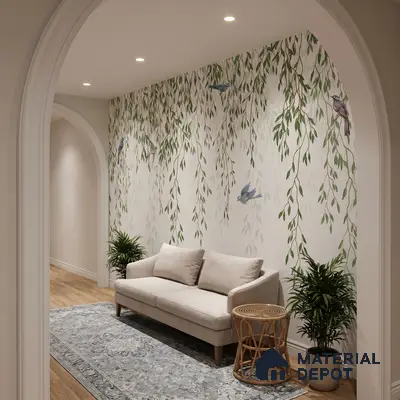 Scandinavian foyer with nature-inspired wallpaper, beige sofa, and light wood flooring