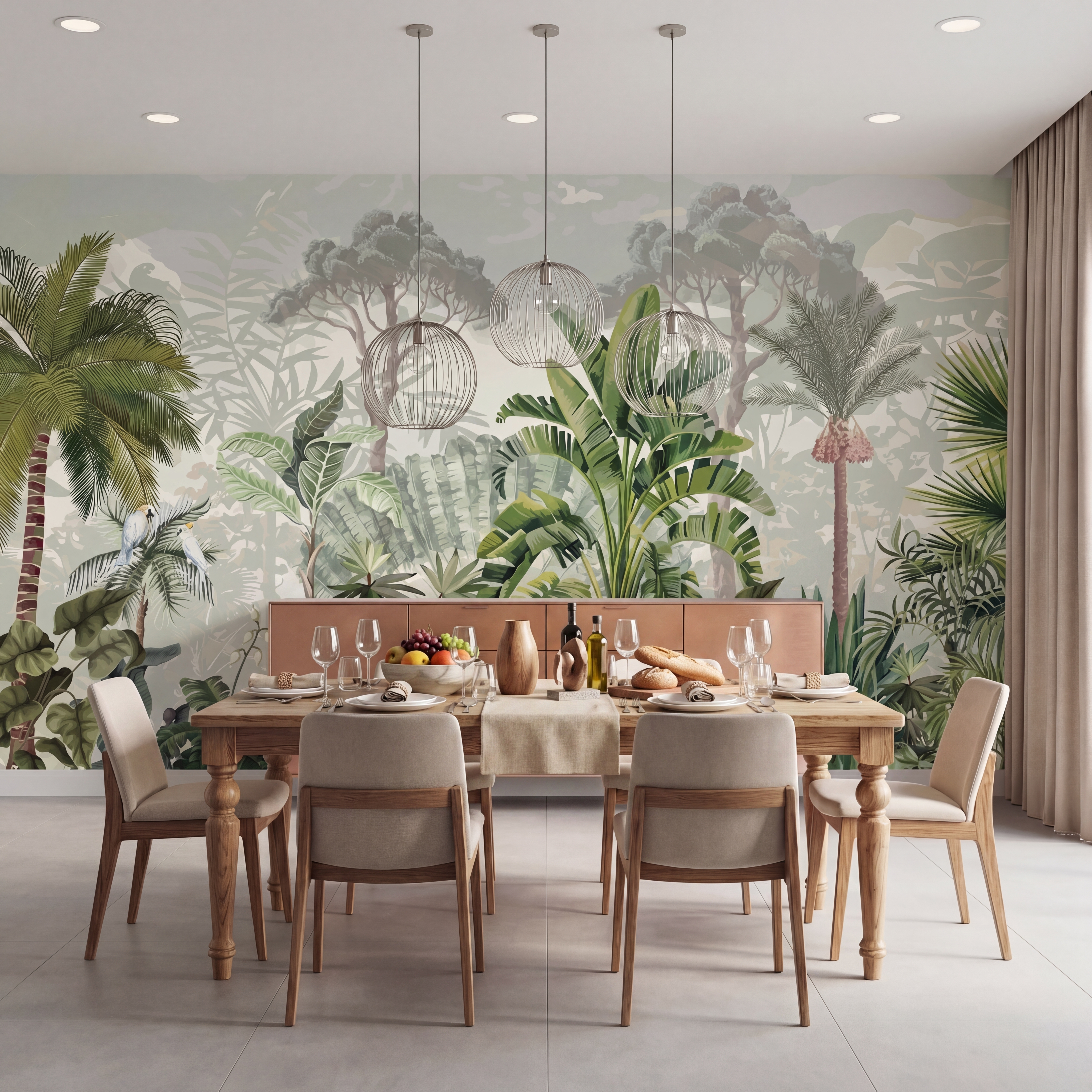 Scandinavian dining room with tropical wallpaper and light wood dining set