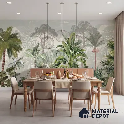 Scandinavian dining room with tropical wallpaper and light wood dining set