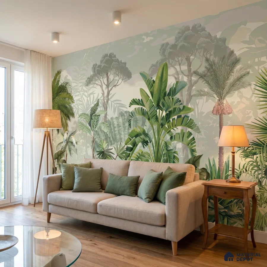 Eclectic living room with tropical wallpaper and light oak wooden flooring