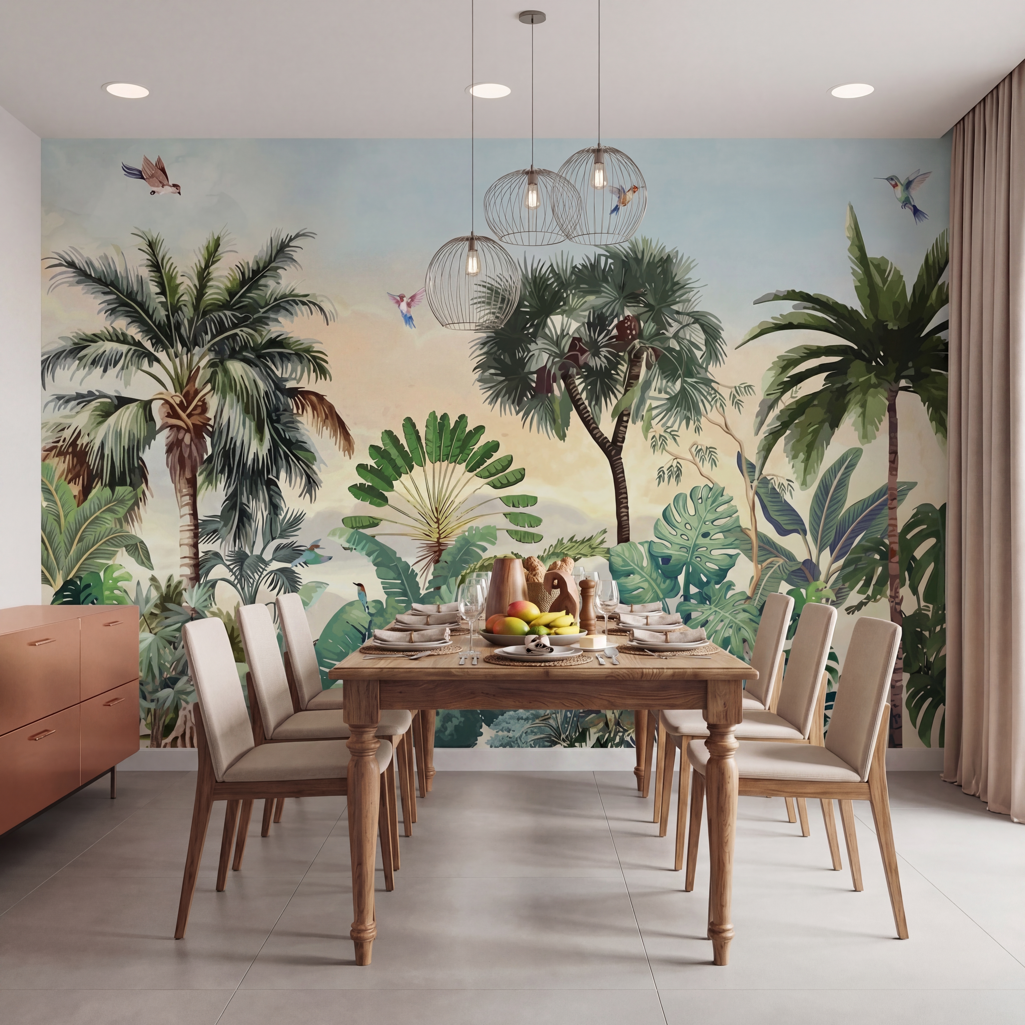 Eclectic dining room with tropical wallpaper, natural wood dining table, and beige floor tiles