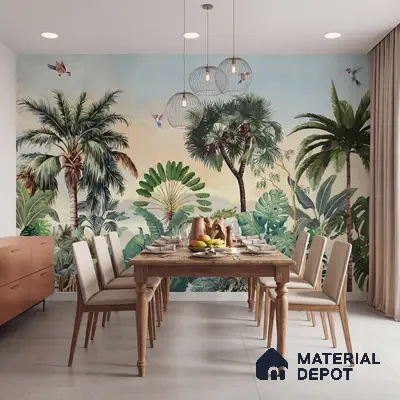 Eclectic dining room with tropical wallpaper, natural wood dining table, and beige floor tiles