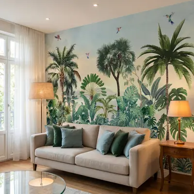 Eclectic living room with tropical wallpaper and light wood flooring