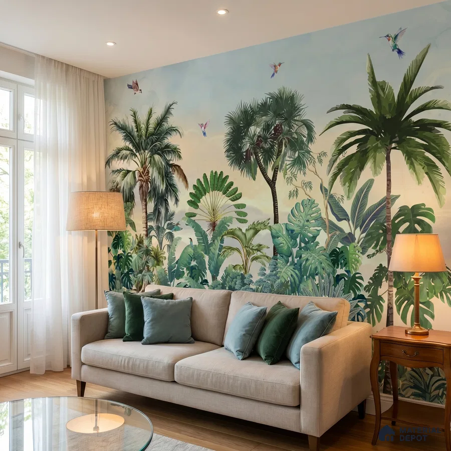 Eclectic living room with tropical wallpaper and light wood flooring