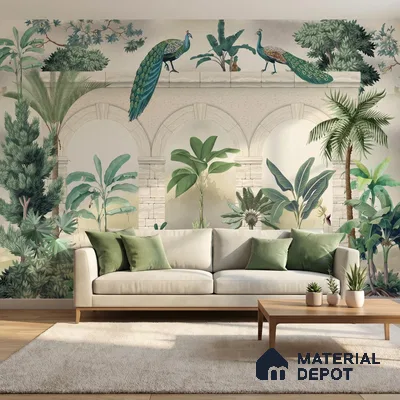 Eclectic living room with tropical peacock mural wallpaper and beige sofa