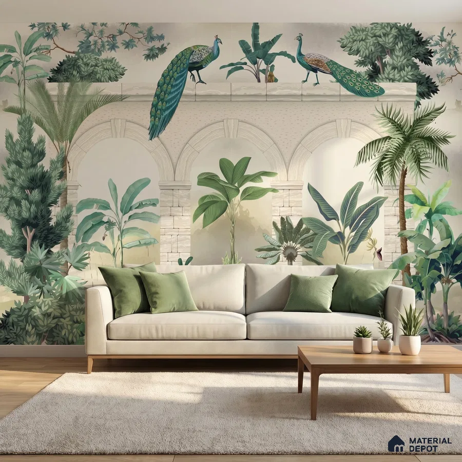 Eclectic living room with tropical peacock mural wallpaper and beige sofa