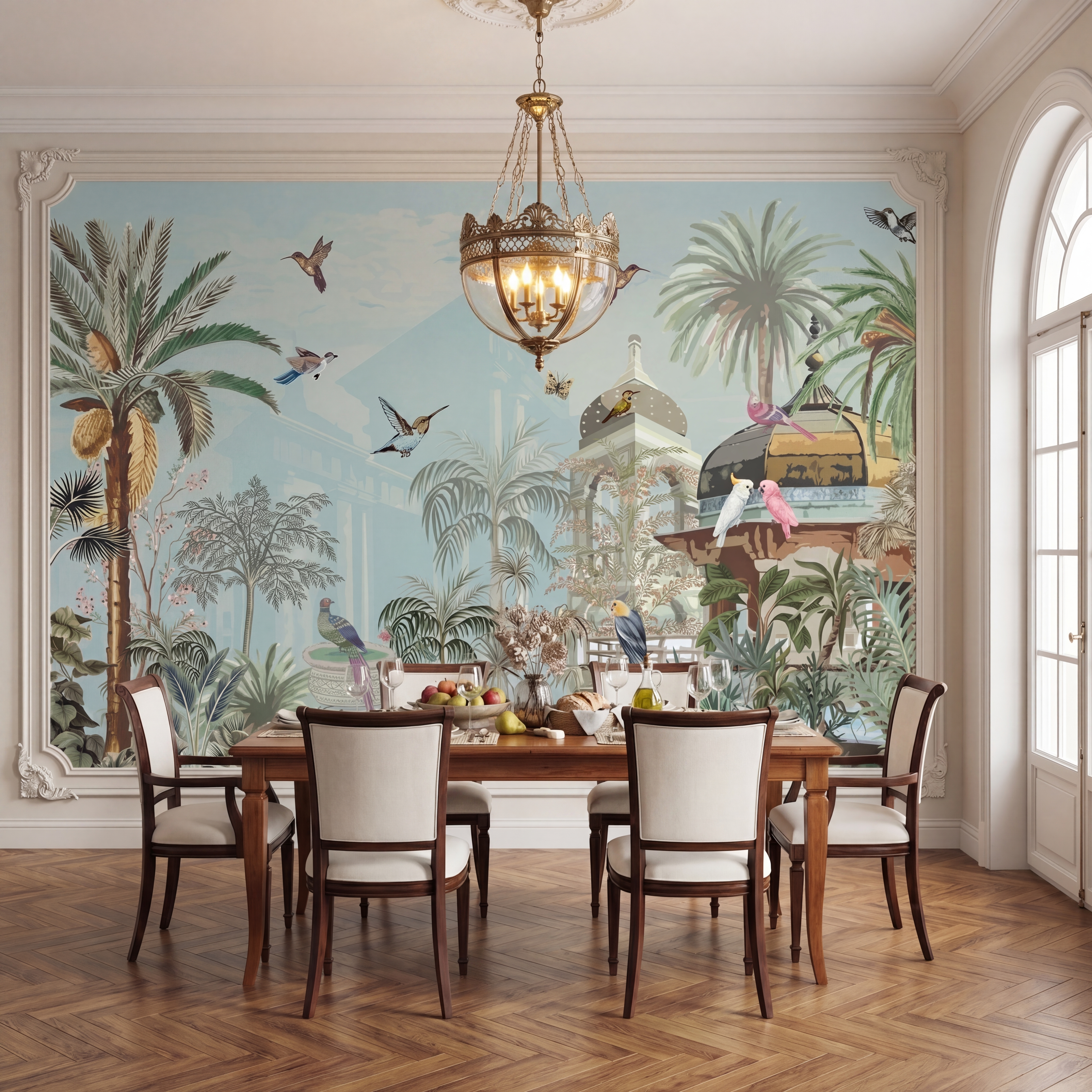 Eclectic dining room with tropical mural wallpaper and herringbone wood flooring