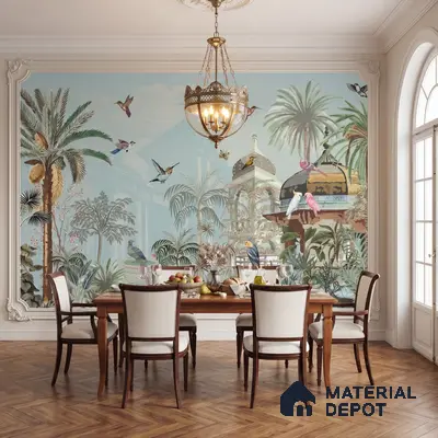 Eclectic dining room with tropical mural wallpaper and herringbone wood flooring