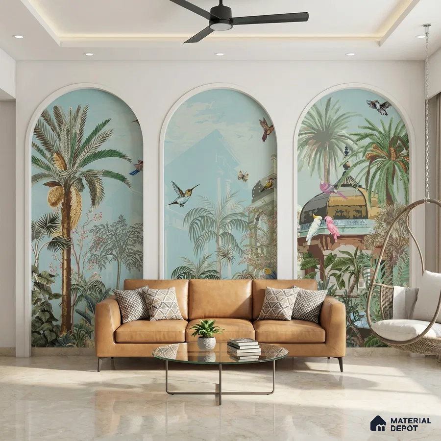 Eclectic living room with tropical wallpaper panels and beige leather sofa on marble floor