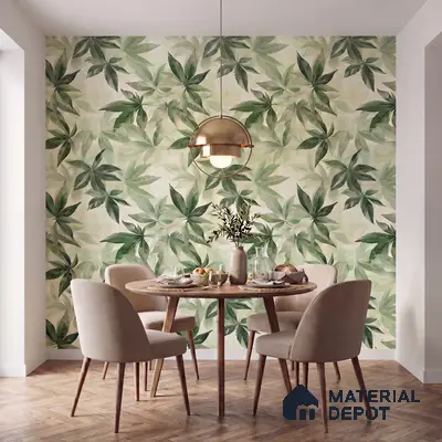 Modern dining room with tropical leaf patterned wallpaper and light wood herringbone flooring