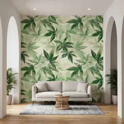 Modern living room with tropical leaf patterned wallpaper and light wood flooring