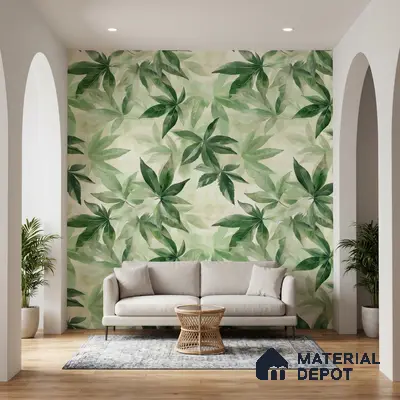 Modern living room with tropical leaf patterned wallpaper and light wood flooring