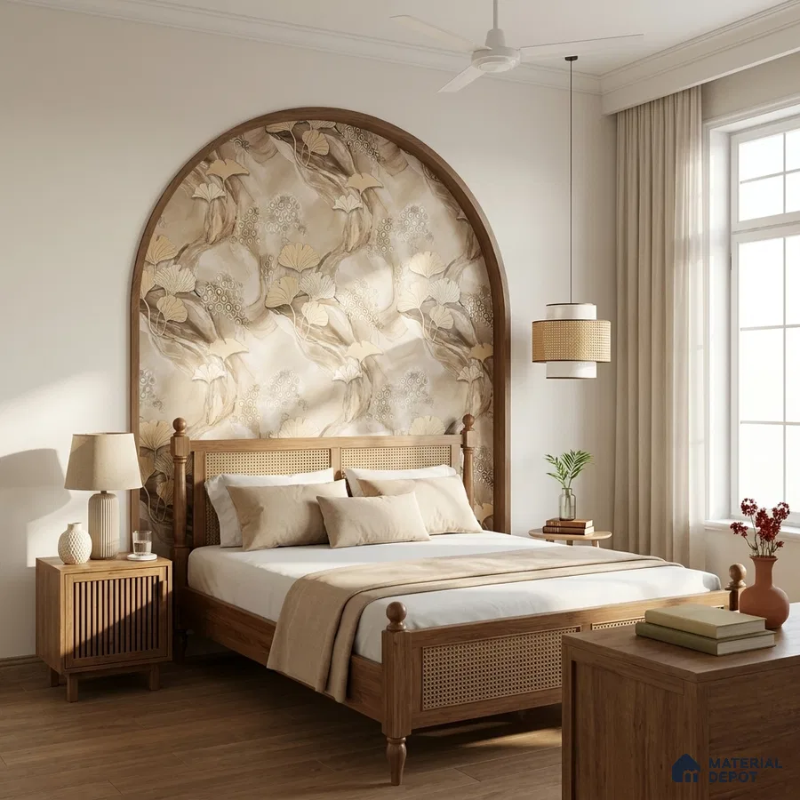 Scandinavian bedroom with floral wallpaper accent, natural wood furniture, and warm beige palette