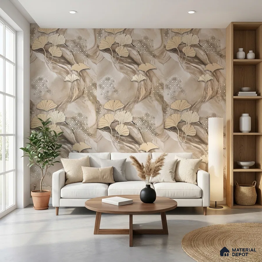 Modern living room with beige floral patterned wallpaper and light wood accents