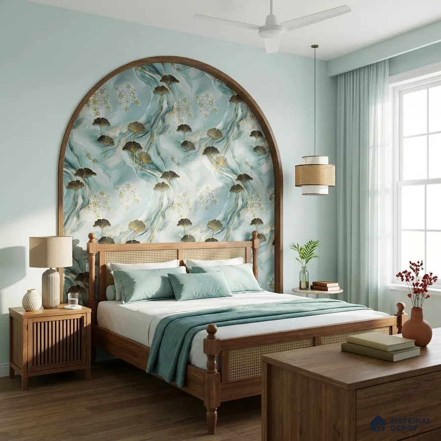 Japandi bedroom with chinoiserie wallpaper accent, natural wood furniture, and pastel blue palette