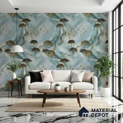 Modern living room with abstract floral wallpaper and white marble floor tile