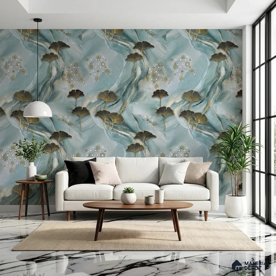 Modern living room with abstract floral wallpaper and white marble floor tile