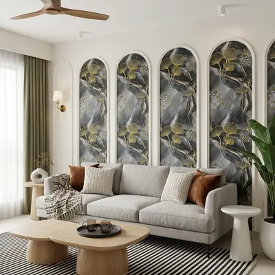 Modern living room with floral patterned wallpaper panels and light wood coffee tables