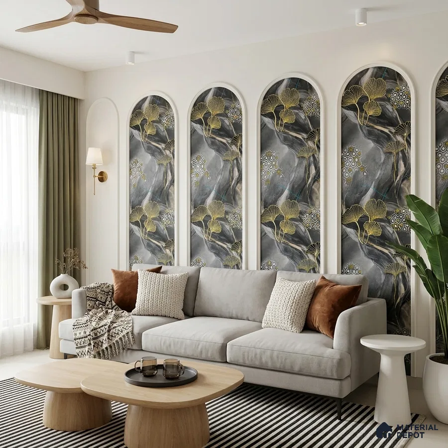 Modern living room with floral patterned wallpaper panels and light wood coffee tables