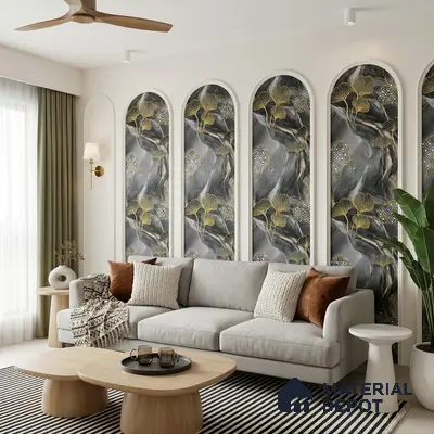 Modern living room with floral patterned wallpaper panels and light wood coffee tables