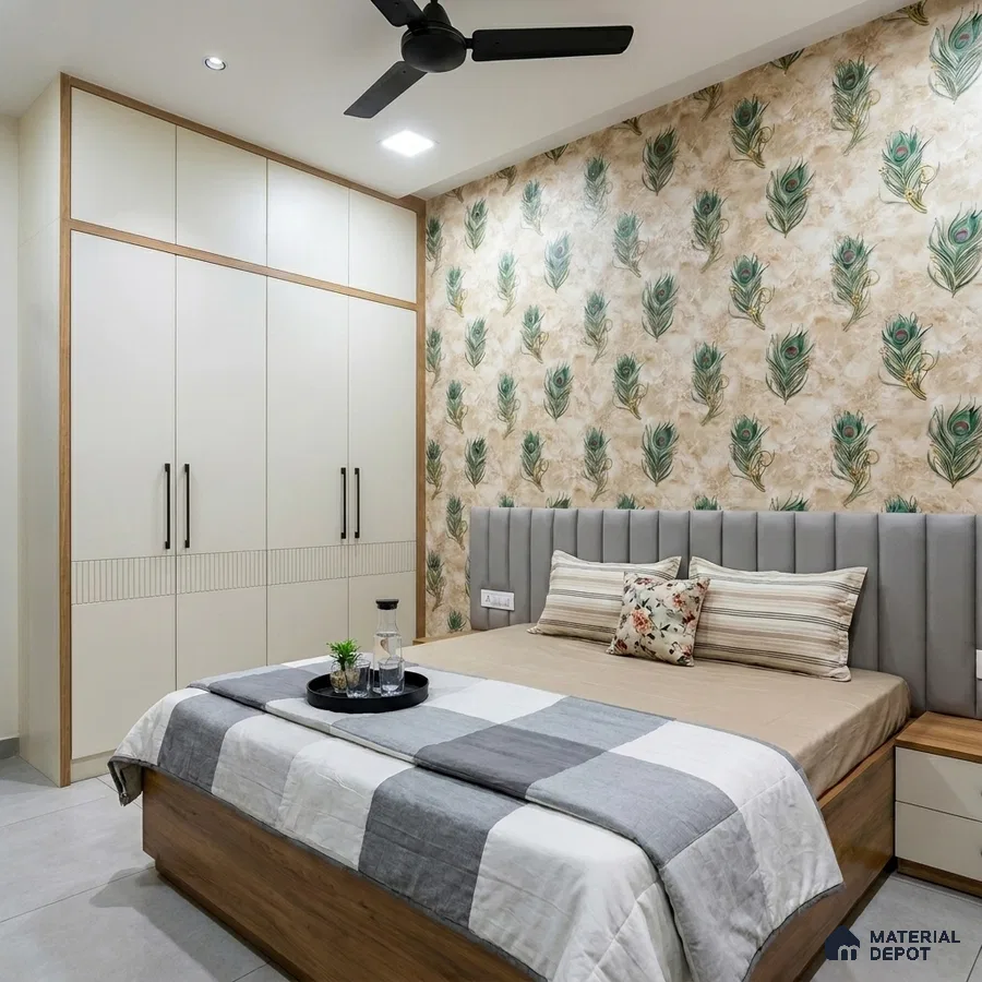 Modern bedroom with peacock feather patterned wallpaper, frosty white laminate wardrobe, and light wood bed