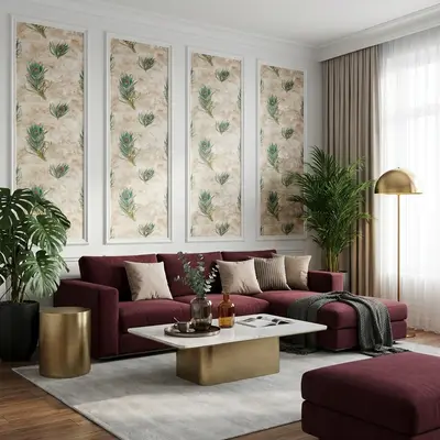 Art Deco living room with peacock feather patterned wallpaper and burgundy velvet sofa
