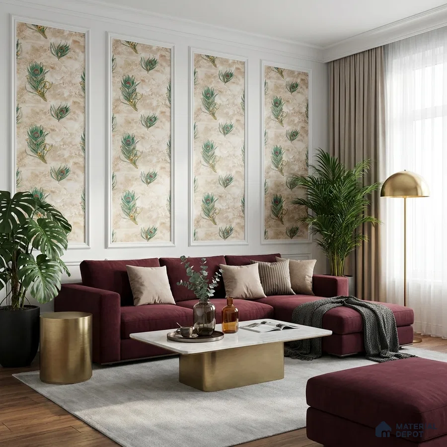Art Deco living room with peacock feather patterned wallpaper and burgundy velvet sofa