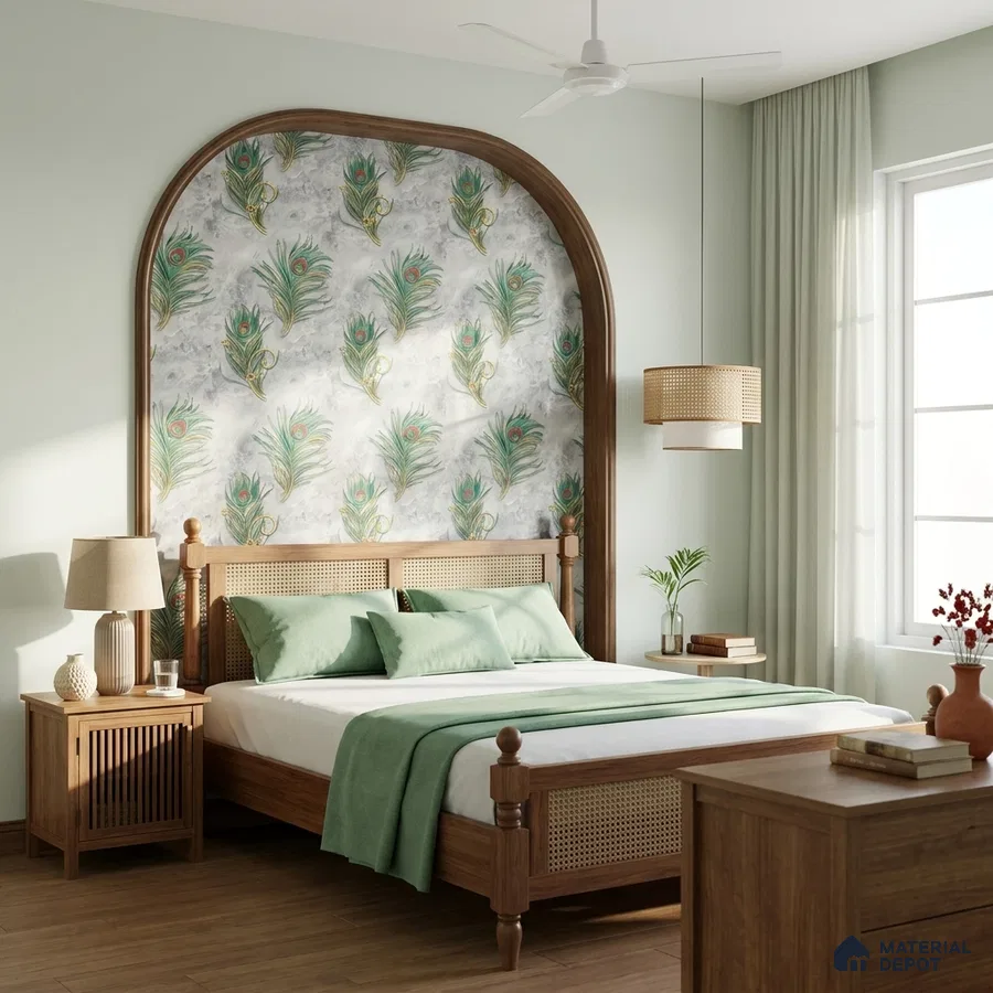 Traditional bedroom with peacock feather patterned wallpaper and natural wood furniture