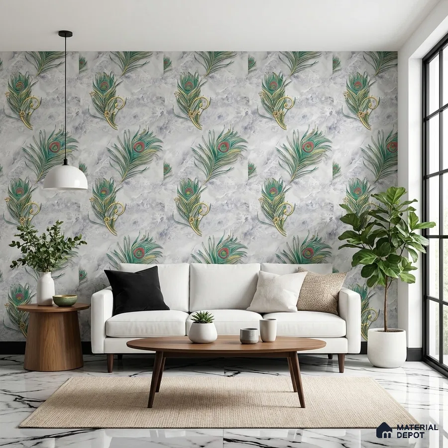 Mid-century modern living room with peacock feather patterned wallpaper and marble floor tiles