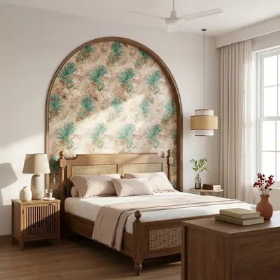 Traditional bedroom with peacock feather patterned wallpaper and natural wood furniture