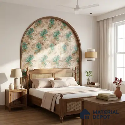 Traditional bedroom with peacock feather patterned wallpaper and natural wood furniture
