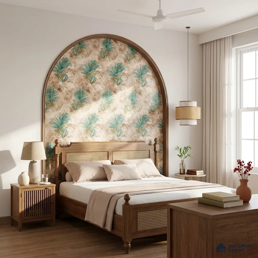Traditional bedroom with peacock feather patterned wallpaper and natural wood furniture