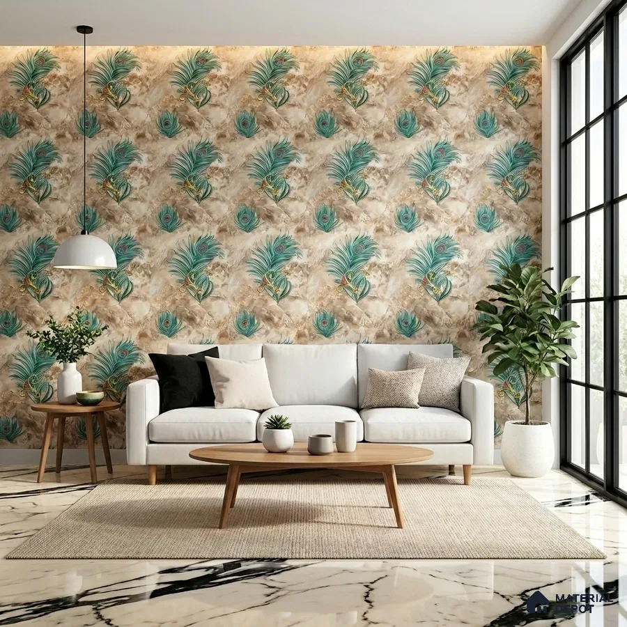 Modern living room with peacock feather patterned wallpaper and white marble floor tiles