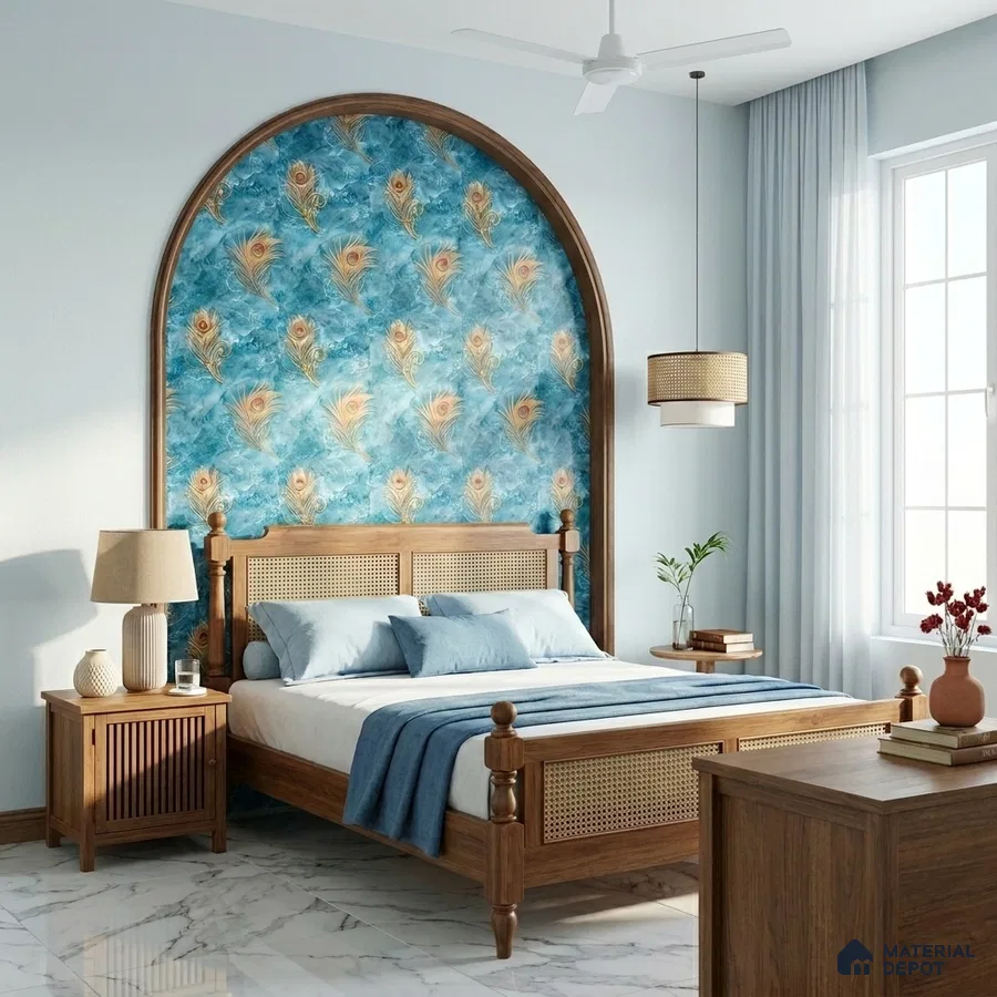 Mid-century modern bedroom with peacock feather wallpaper accent and cane wood bed on marble floor