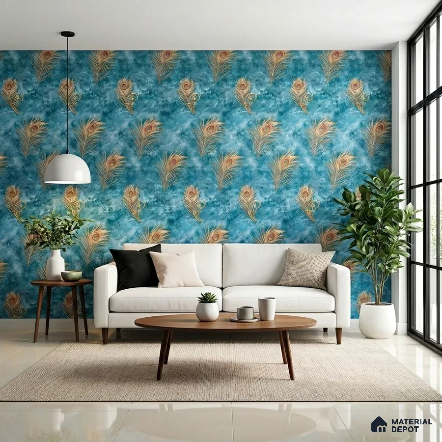 Eclectic living room with peacock feather patterned wallpaper and glossy beige floor tiles