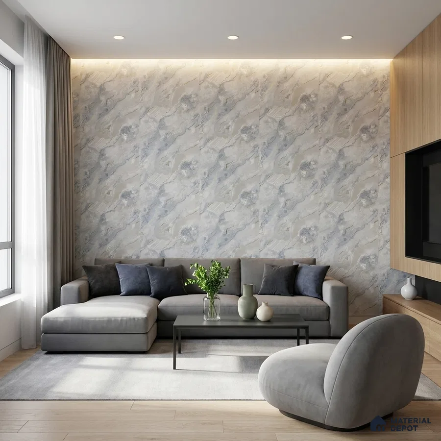 Modern living room with marble-look wallpaper accent wall and light oak laminate TV unit