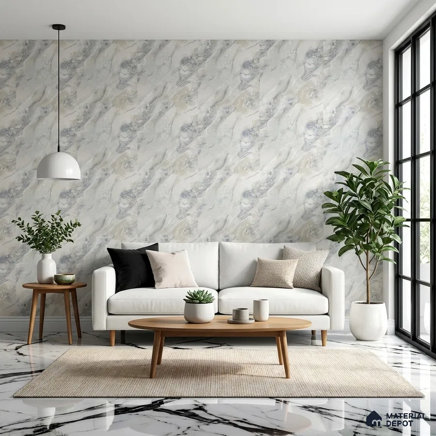 Modern living room with marble-look wall tiles and glossy white marble floor tiles
