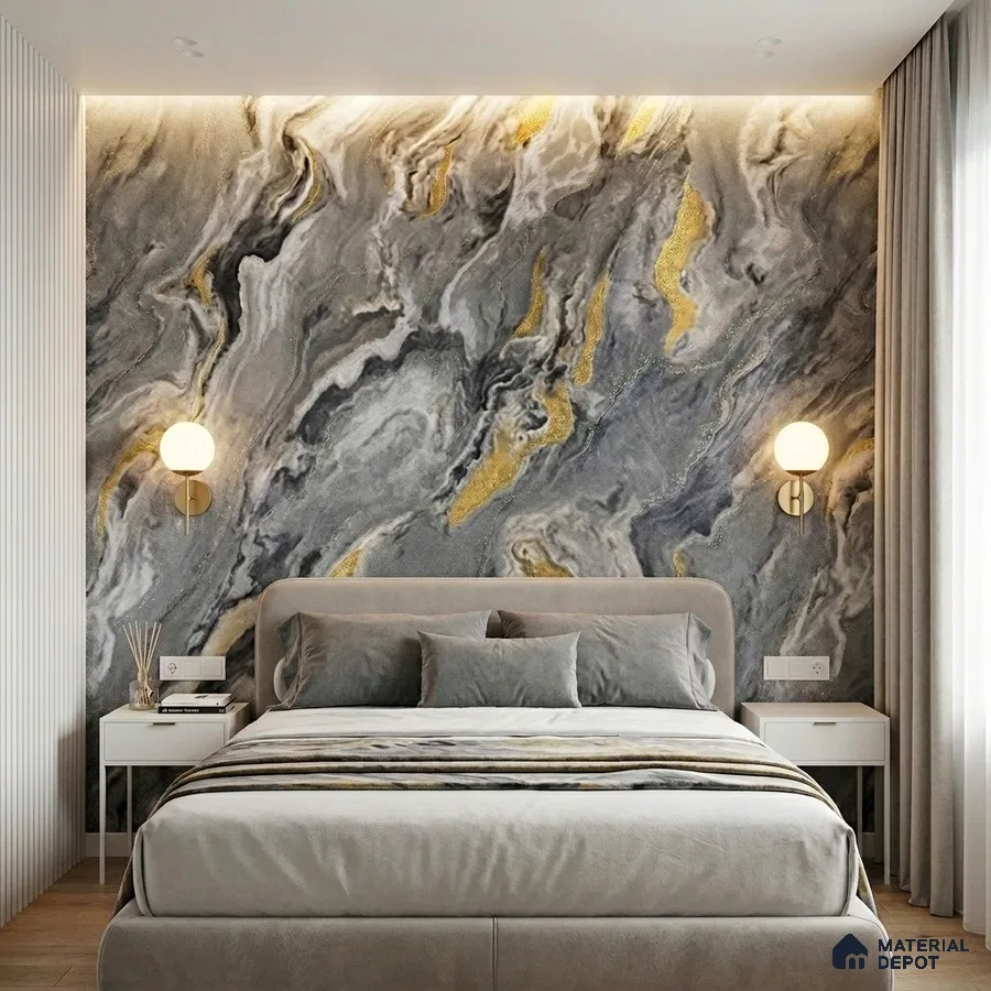 Modern bedroom with abstract marble-effect wallpaper and suede upholstered bed