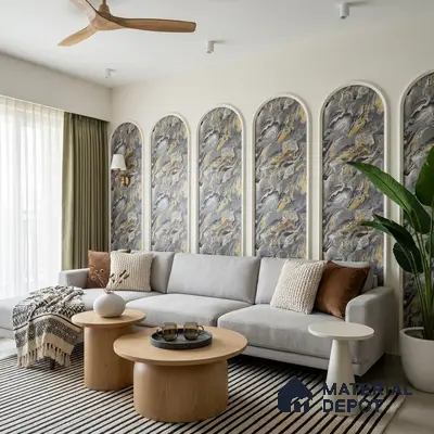 Modern living room with marble-look abstract wallpaper panels and light oak coffee tables