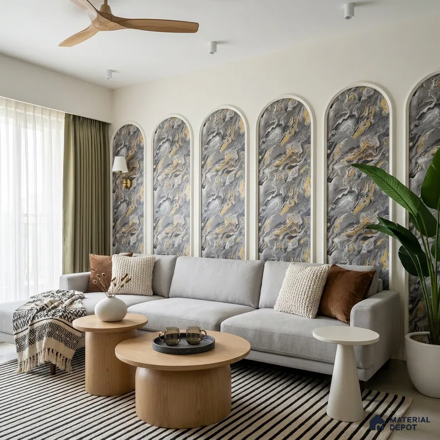 Modern living room with marble-look abstract wallpaper panels and light oak coffee tables