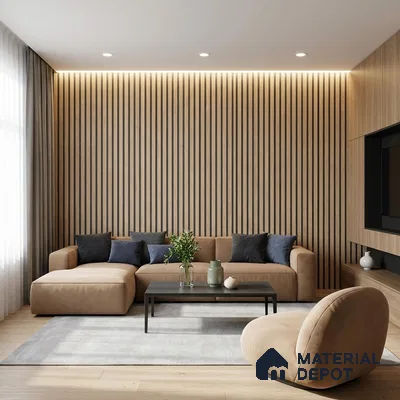 Scandinavian living room with oak wood fluted wall panels and beige suede sofa